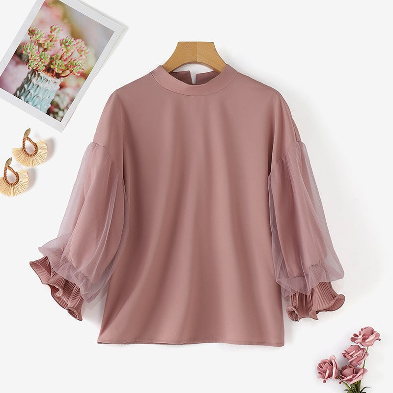 ZANZEA Women Elegant Party Blouse Chic Mesh Ruffle 3/4 Sleeve Tops 2025 Autumn Designer Stand Collar Shirts Korean Loose Tunics