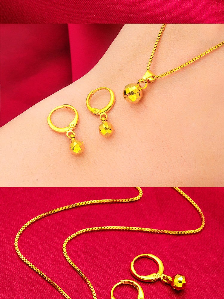 24K Gold AU999 Women's Thin Bead Earrings-Necklace Set-Polished Gold Beads in Arc, Thin Chain Flattering, Luxury Daily Versatile