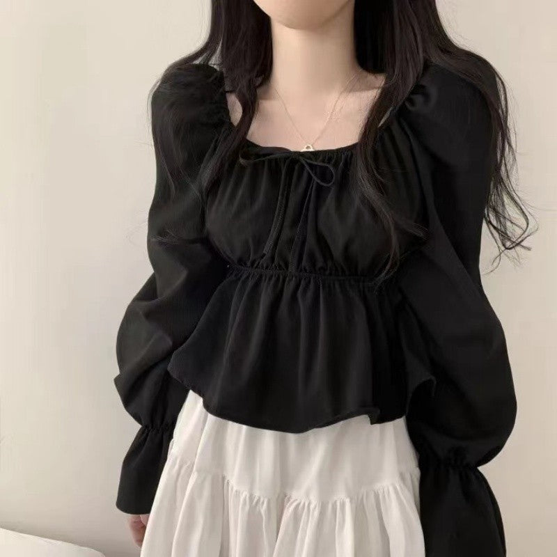 2025 Fashion New Ruffle White Long sleeved Women's Blouses Square Neck Sexy Short Shirt Korean Style Flare Sleeve Sweet Tops