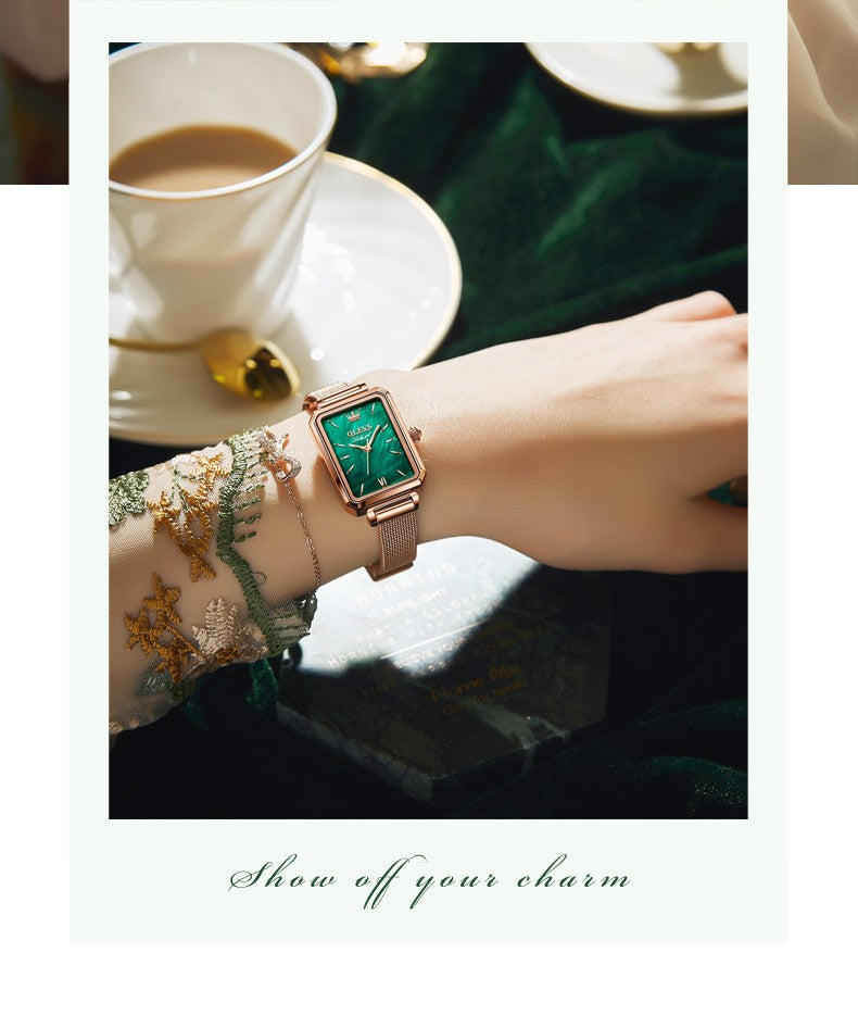 OLEVS 6624 Original Women Watch Luxury Top Green Square Waterproof Clock Fashion Elegant Brand Women Quartz Watch Reloj Mujer