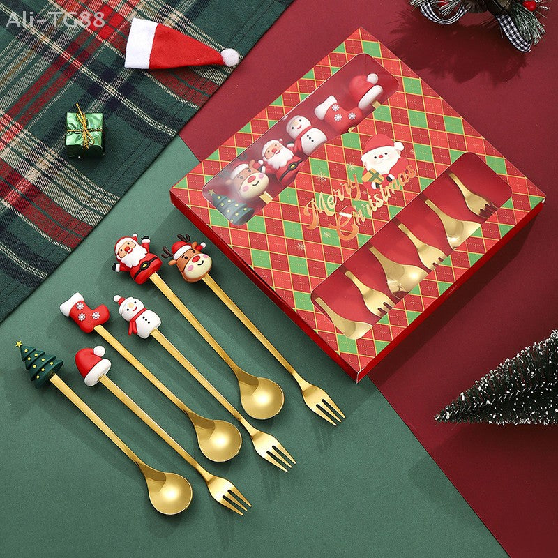 Stainless Steel Christmas Fork And Spoon Set with Gift Box for Coffee Tea Dessert Tableware