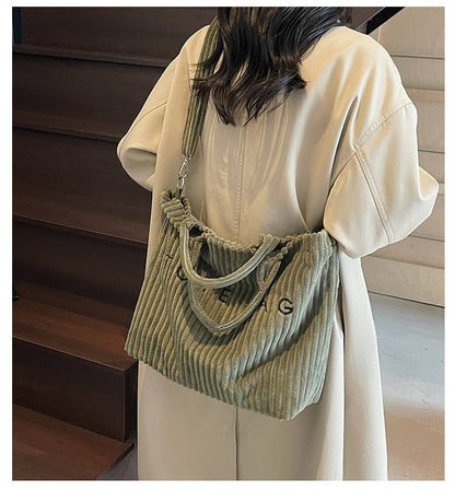 Large Capacity Striped Velvet Handbag Shoulder Bag for Woman Handbags Crossbody Bags, Versatile Letter Corduroy Women's Tote Bag