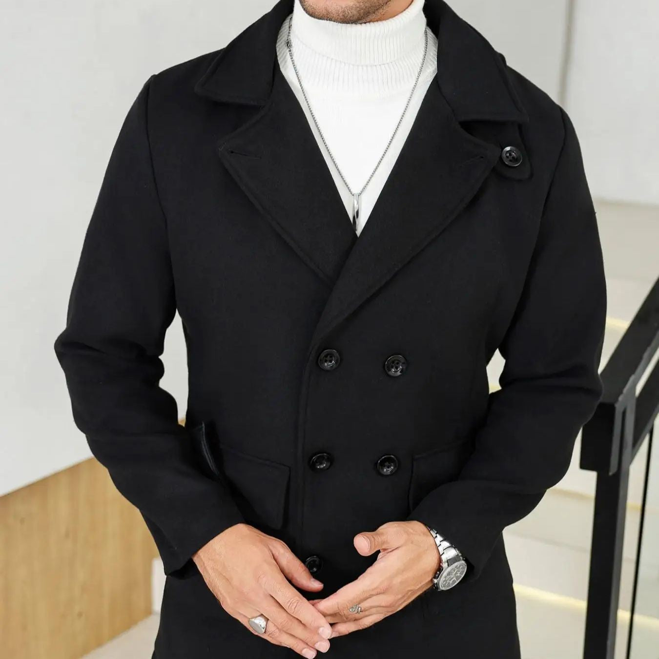 Men's Woolen Overcoat, Casual Fashion Long Sleeve Jacket with Pockets, Fall & Winter Outerwear for Daily Wear & Business