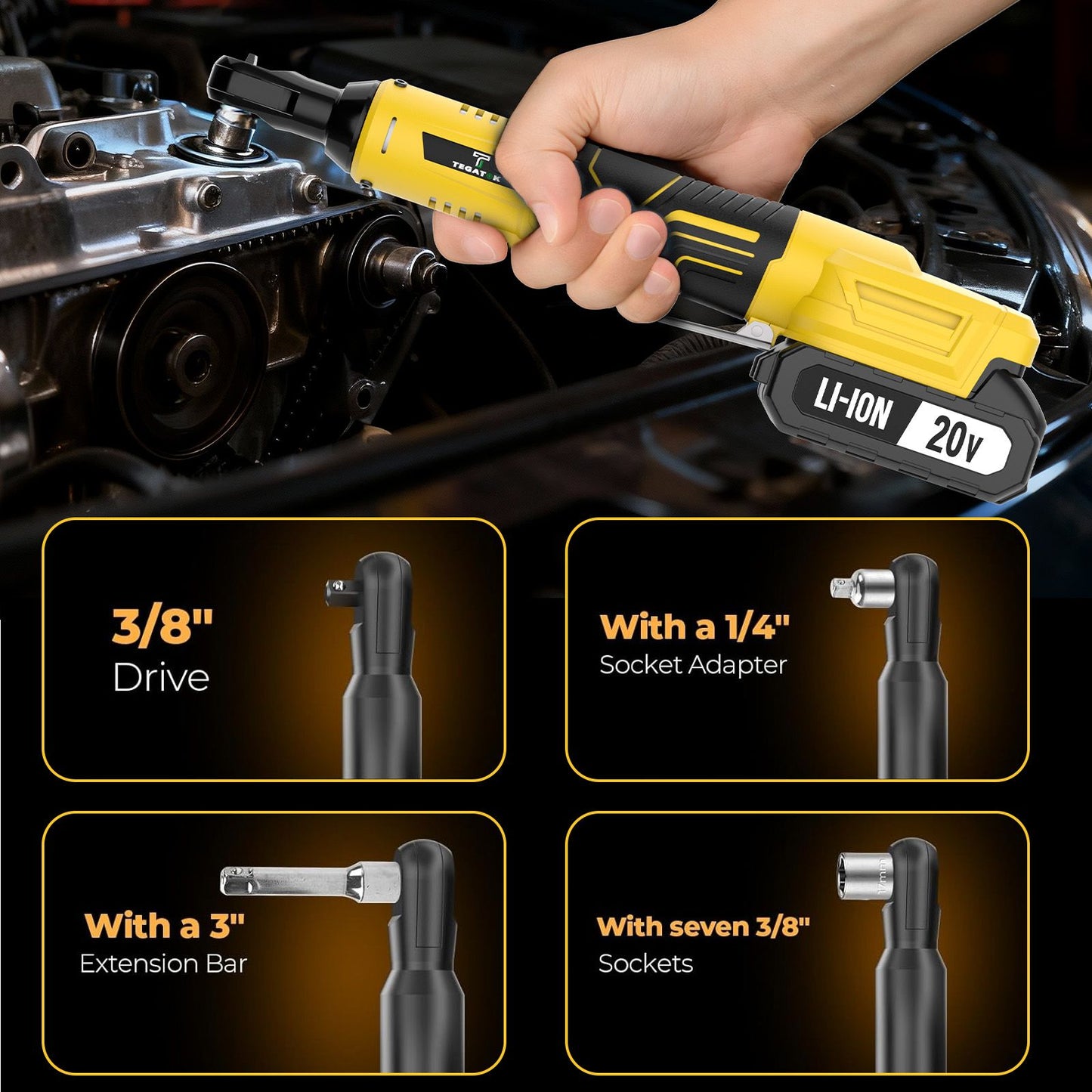 Chave de fenda elétrica sem fio 20V com catraca de ângulo reto 3/8 polegadas para desmontagem de porcas, reparo automotivo com bateria