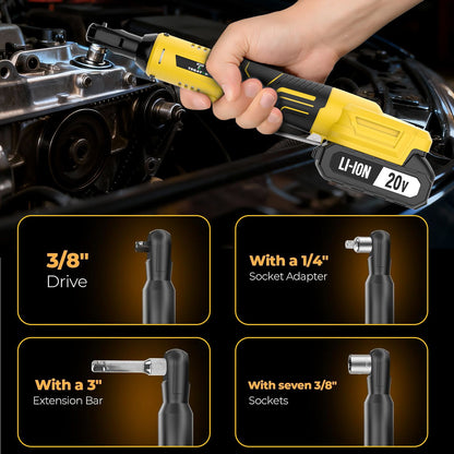 Chave de fenda elétrica sem fio 20V com catraca de ângulo reto 3/8 polegadas para desmontagem de porcas, reparo automotivo com bateria