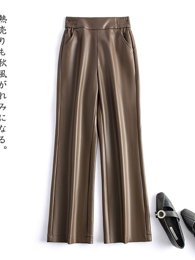 Black Genuine Leather Pants Women Sheepskin Straight Pants Spring Autumn High Waist Belt Loose Real Leather Casual Trousers