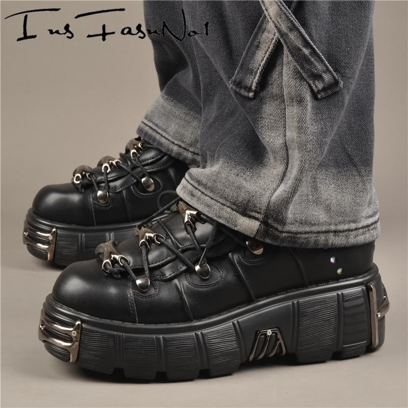 Casual Female Runway Shoes Platform Metal Toe Chunky Sneakers Women Gothic Punk Style Sneakers Rock Design Black Walking Shoes