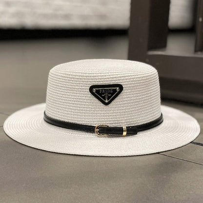 Straw Sun Hat for Children Kids Triangular Metal Logo Woven Beach Hat Spring Summer Fashion Vacation Sun Protection Wide Brim