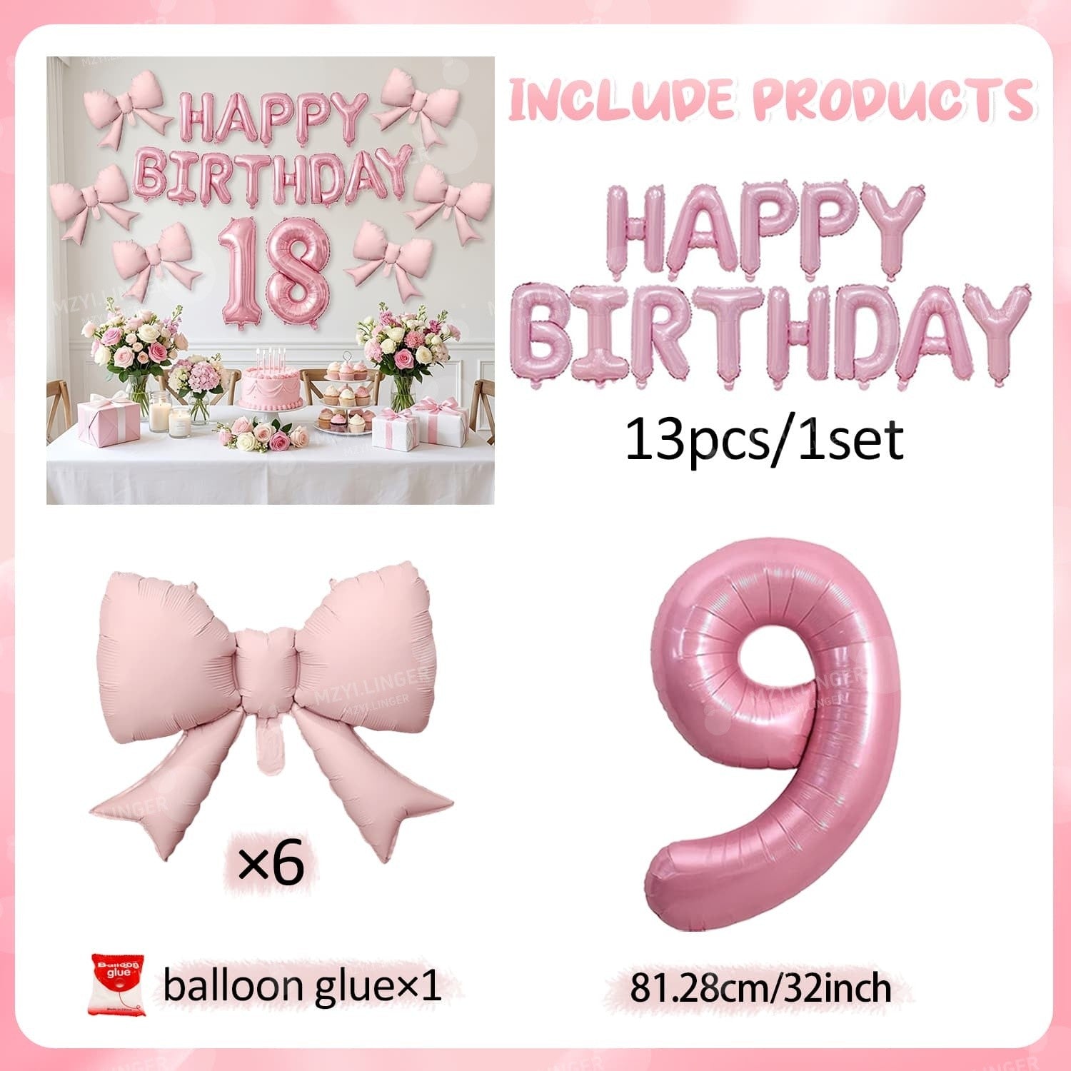 Pink Bow Birthday Balloon Happy Birthday Letter Balloon Used for Wedding, Valentine's Day, Birthday, Proposal Decoration Decor