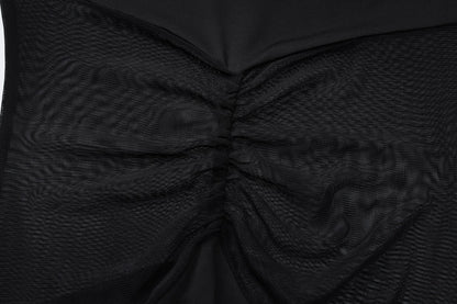 2025 Solid Long Sleeve Patchwork Mesh Sexy Ruched Bodycon Maxi Dress Spring Women Fashion Y2K Clothes Streetwear Party Club