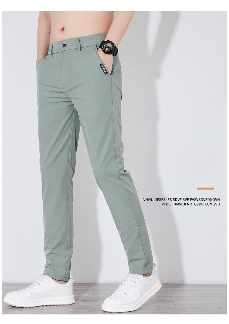 Summer Silk Stretch Smooth Trousers Men Business Elastic Waist Korean Classic Thin Cool Black Gray Casual Suit Pants Male Brand