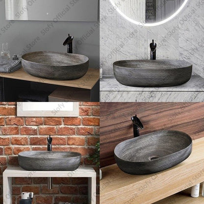 Bacia de pia de cerâmica vintage para uso doméstico, bacia de bancada de arte simples, bacias de lavagem de pedestal acima do balcão, pia de banheiro de varanda de hotel