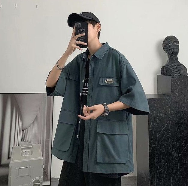 Shirts For Men With Pocket Cargo Man Shirt Loose Korean Style Casual Asia Cool Hipster Original Half Sleeve Fashion Collar I Xxl