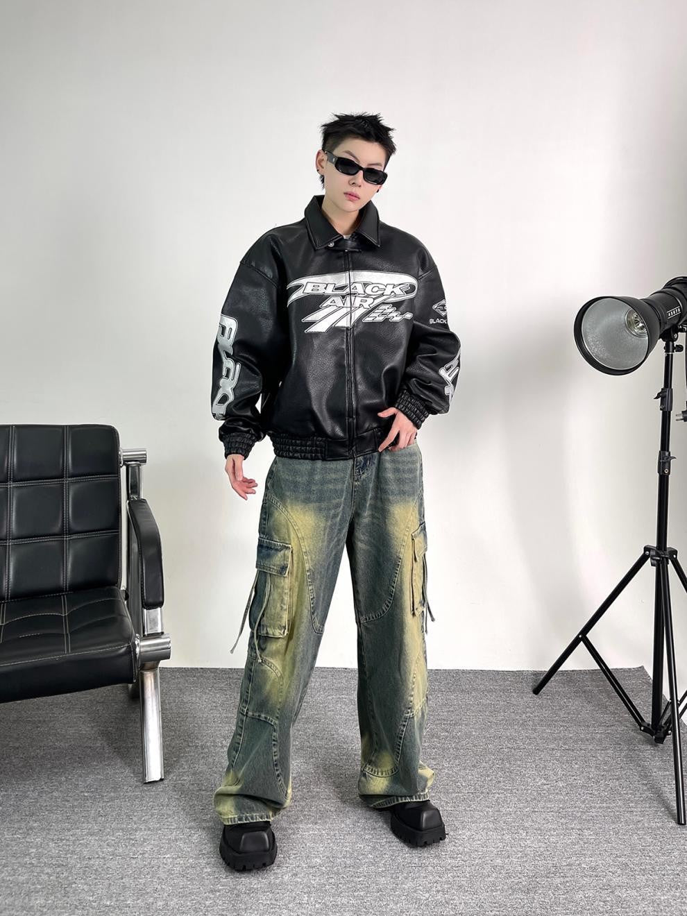 Heavy Duty Embroidered Men's Motorcycle Leather Jacket, Silver Edgy Aesthetic Windbreaker for Men, Autumn Fashion Mans Clothes