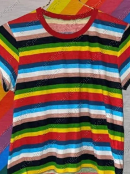 2026 Max Mayfield Cosplay Costume Rainbow Striped T-shirt Women Kids Casual Colorful For Short Sleeve -T-Shirt