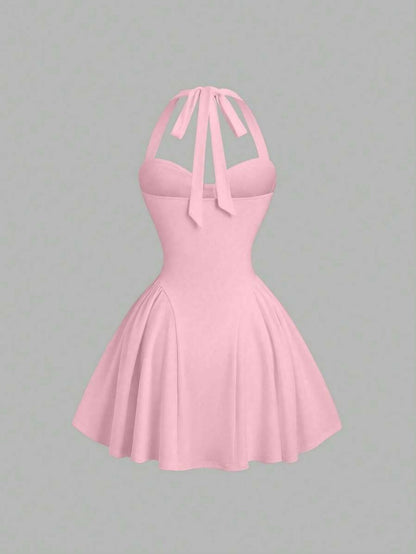 Women Summer Sweet Pink Knittd Mini Suspender Dress Sleeveless Heart Neck Waist Cinching Pleated A-Line Fashion Elegant Dress