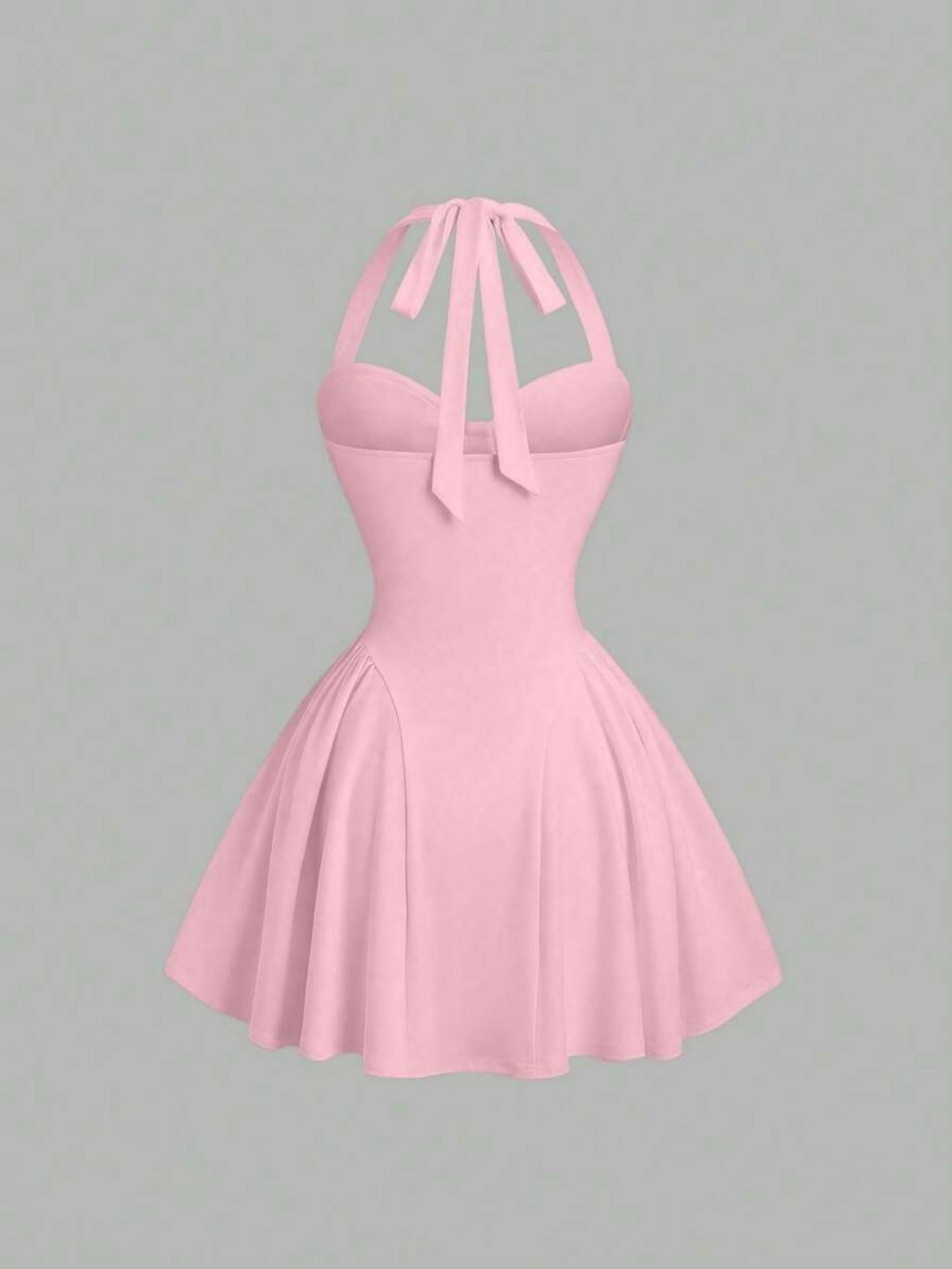 Women Summer Sweet Pink Knittd Mini Suspender Dress Sleeveless Heart Neck Waist Cinching Pleated A-Line Fashion Elegant Dress