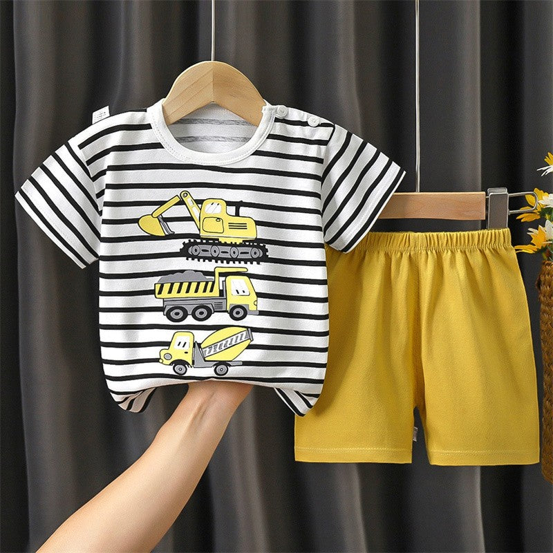 Cotton Pajama Cartoon T-Shirt+Shorts 2-Piece Clothing Set Kids Summer Baby Boys Girls Stripe Casual Tracksuit Clothes Suit 0-6 Y