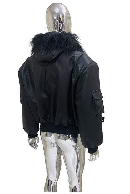 Mauroicardi Autumn Winter Short Oversized Black Warm Pu Leather Jacket Men with Faux Fur Trim Hood Loose Casual Korean Fashion