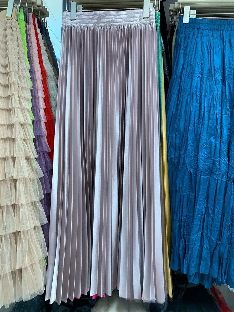 High Waist Satin Pleated Skirt 1 Meter Long Floor Length Pearl Glitter A- Line Umbrella Half Body Skirts Polyester Fiber