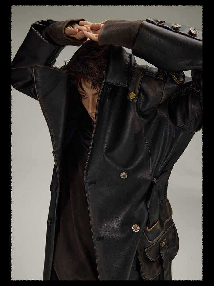Mauroicardi Spring Autumn Long  Distressed Black Pu Leather Trench Coat Men Belt Double Breasted Luxury European Fashion 2023
