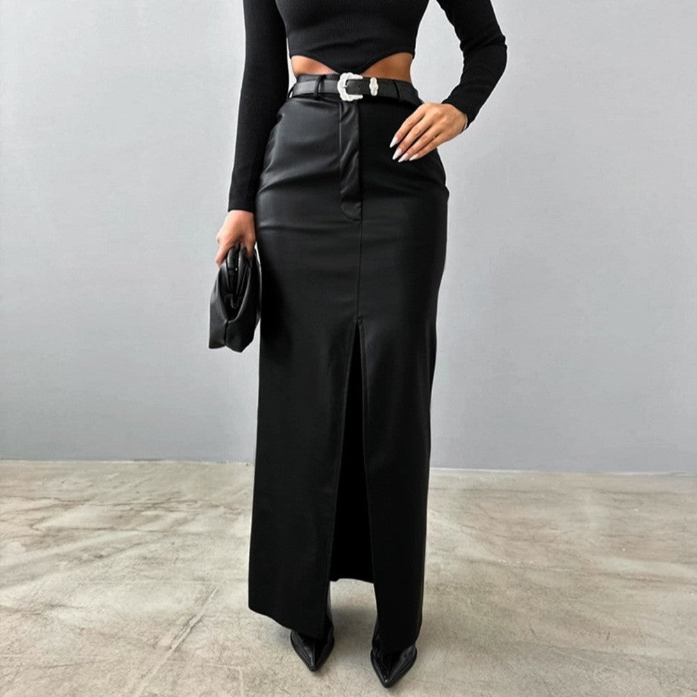 Women's Split Design Solid Color High Waist Pu Leather Skirt 2025 Spring Fall Office Lady Trendy Streetwear Long Skirts