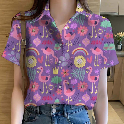 Womens Shirts  Cartoon Animal flamingo 3D Printed Casual Hawaiian Short Sleeve Button Beach Shirt Summer y2k Women's Clothes