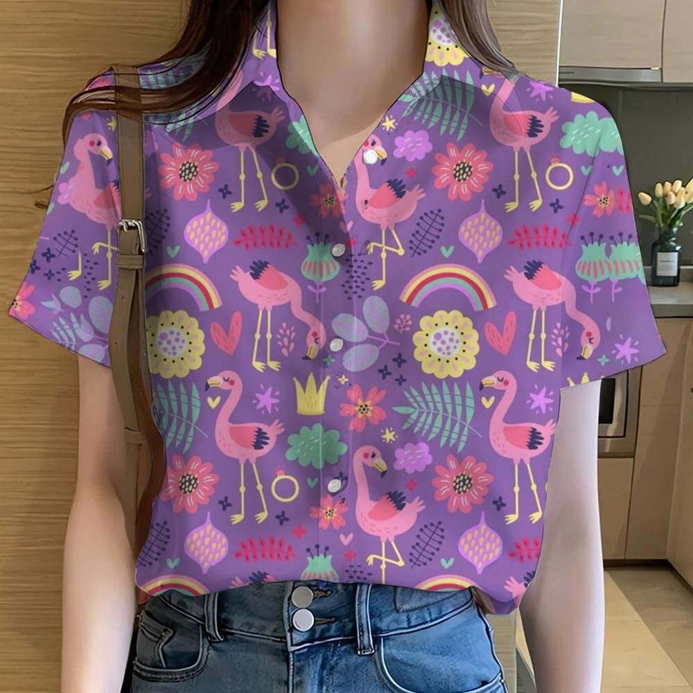 Womens Shirts  Cartoon Animal flamingo 3D Printed Casual Hawaiian Short Sleeve Button Beach Shirt Summer y2k Women's Clothes