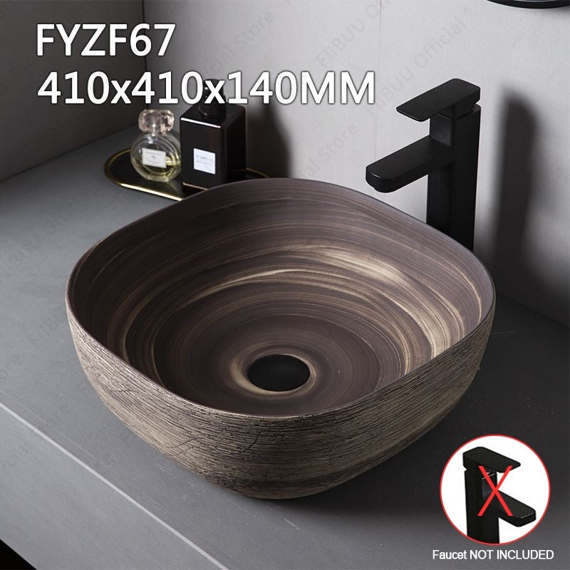 Cuba de Cerâmica Marrom para Lavatório de Banheiro Oval Artística para Mesa de Banheiro, Bacia de Lavar Roupa para Varanda, Bacia de Pedestal Acima do Balcão