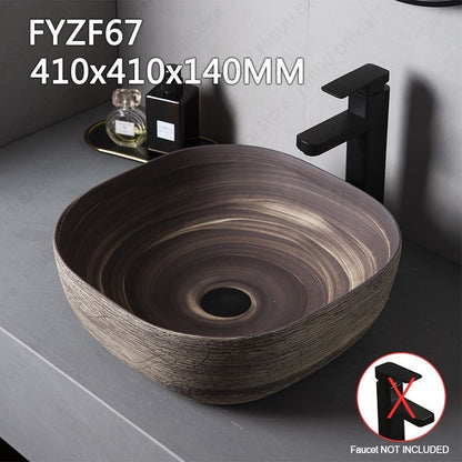 Cuba de Cerâmica Marrom para Lavatório de Banheiro Oval Artística para Mesa de Banheiro, Bacia de Lavar Roupa para Varanda, Bacia de Pedestal Acima do Balcão