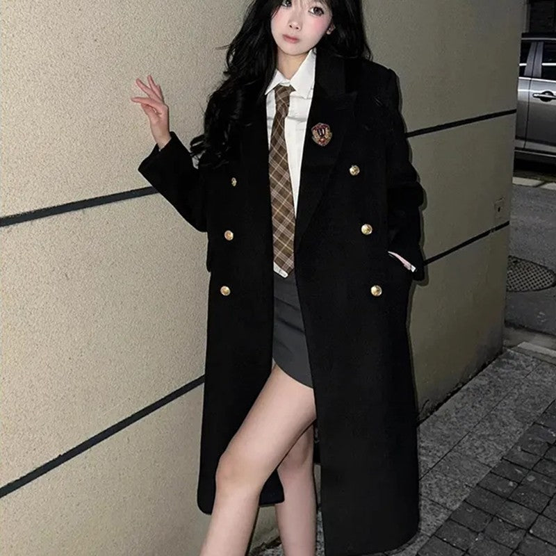 Jk Uniform Wool Coat Women Fashion Japanese Preppy Elegant Badge Black Midi Outwear Autumn Winter Sweet Long Sleeve Quilted Tops