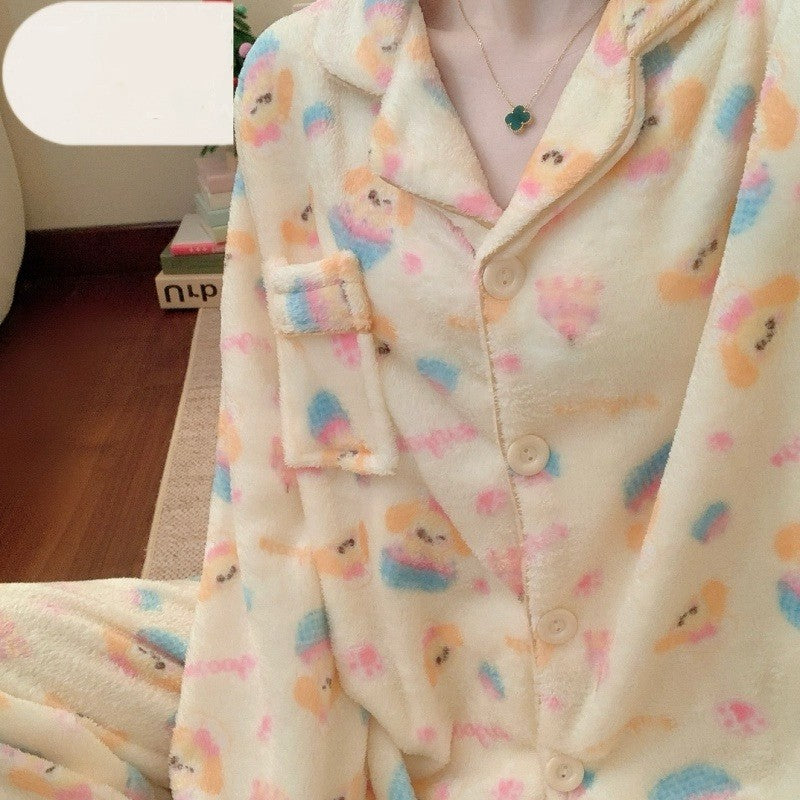 Winter Pajamas Lapel Neck Women's Pajamas Long Sleeve Kawaii Dog Warm Sleepwear Harajuku Style Cute Casual Pajamas Two-Piece