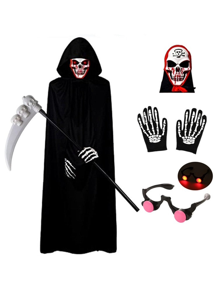 Halloween Scary Costume Grim Reaper Costume for Boys Kids Costume with Glowing Red Eyes with Gloves Mask