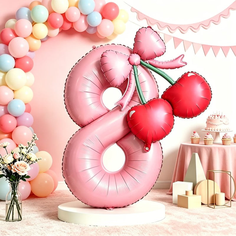 Cherry & Bow Balloon Kit Pink Number Balloons Birthday Wedding Anniversary Holiday Party Background Shooting Props