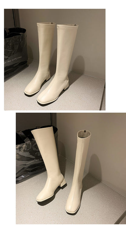 Women Black High Heel Long Boots Fashion Spring Autumn Warm Knee High Boots Soft Leather Thigh High Boots Shoes Zipper
