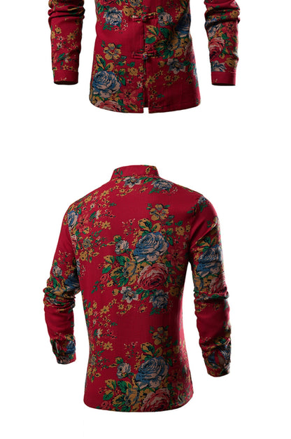 Chinese Style Men's Long-sleeved Printed Shirt, Single-breasted Stand-up Collar Shirts, Fashion Casual Top Camisas, Size M-6XL