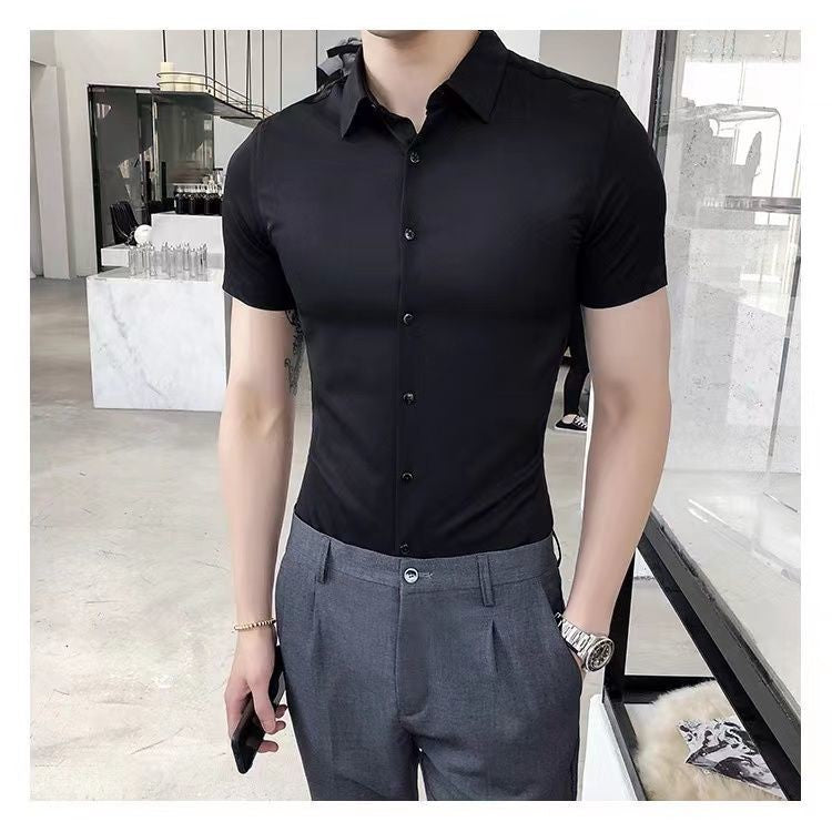 Korean Fashion Trend Casual Elastic Design Sense Short Sleeve Shirt Men's Solid Lapel Collar Button Breathable Simple Slim Tops