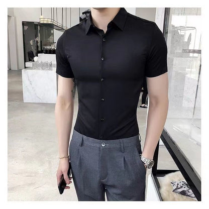 Korean Fashion Trend Casual Elastic Design Sense Short Sleeve Shirt Men's Solid Lapel Collar Button Breathable Simple Slim Tops