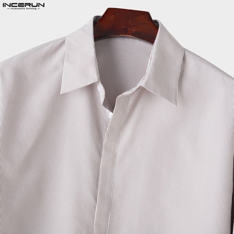 INCERUN Men Shirt Striped Lapel Long Sleeve Loose Casual Men Clothing Streetwear 2025 Korean Style Fashion Crop Tops Men