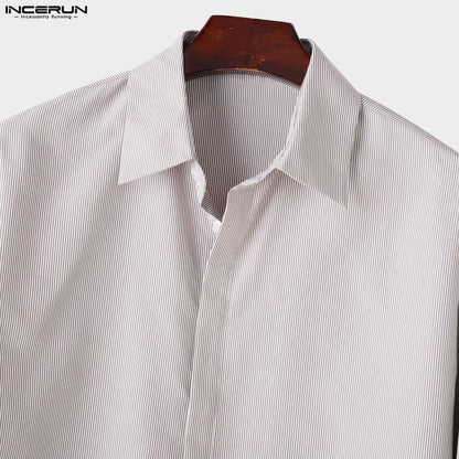 INCERUN Men Shirt Striped Lapel Long Sleeve Loose Casual Men Clothing Streetwear 2025 Korean Style Fashion Crop Tops Men