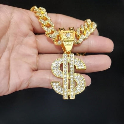 Colar com pingente de dólar hip-hop para homens e mulheres com corrente cubana de 13 mm, pingentes hip-hop cravejados, colares de joias modernas punk, presentes