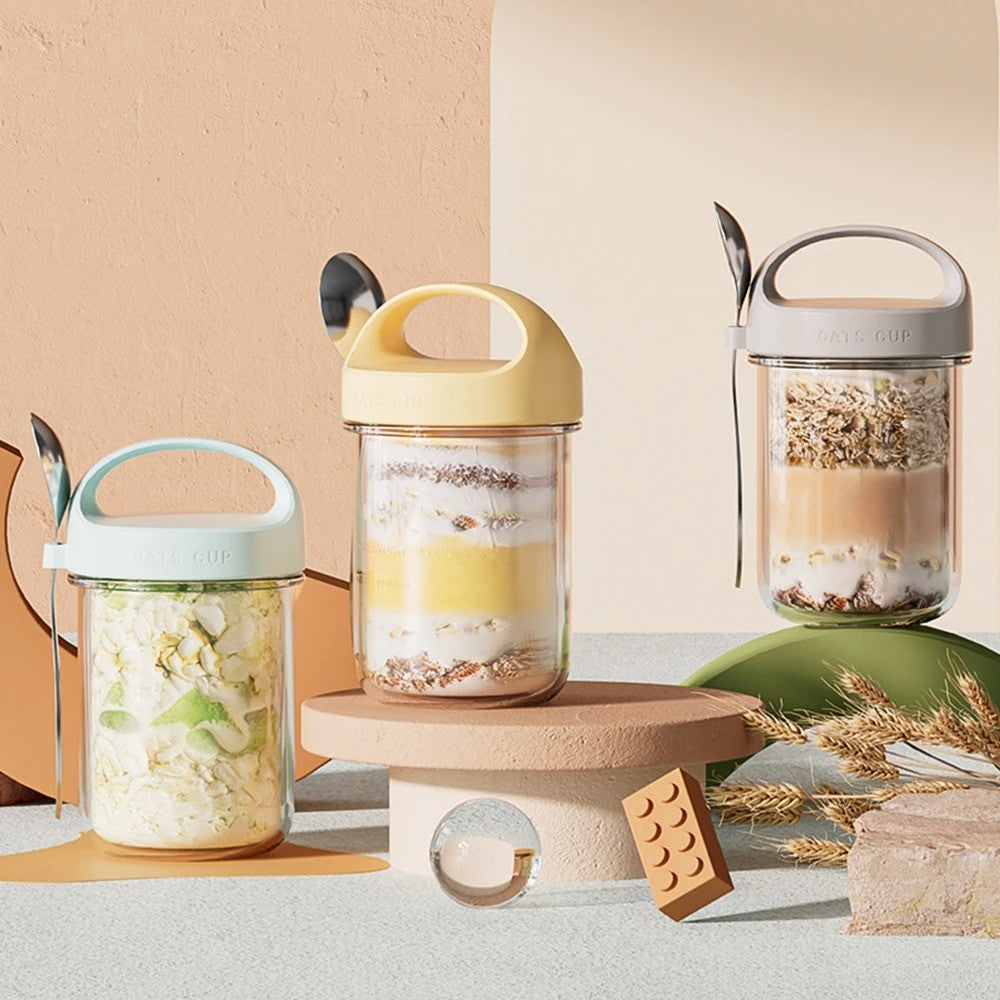 Copo de Aveia Noturna com Tampa e Colher 430ML - Vidro, Selável, Portátil, para Café da Manhã, Cereal, Leite, Salada, Iogurte - Item de Cozinha