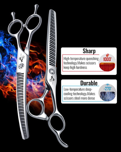 Fenice Tesoura para Tosar Pet Chunker Curva/Reta de 7.0 Polegadas com Dentes 3D Sem Marca de Aço VG10, Parafusos de Rolamento