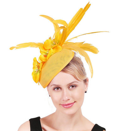 Fascinator Elegante de Lavanda com Flor Amarela Chapéu Derby para Senhora Chapéus de Igreja em Sinamay Fedora de Aba Larga Chapéu para Casamento Festa Vestido XMF320