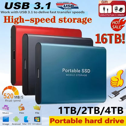 SSD Portátil de Alta Velocidade 16TB Unidade de Estado Sólido Externa 1TB 2TB Disco Rígido Potente 4TB SSD Ultrafino para PC/Laptop/Mac/Telefone