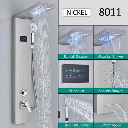 Sistema de Torre de Painel de Chuveiro de LED Coluna de Chuveiro de Cascata de Chuva com Tela LCD de Hidroeletricidade com Torneira de Chuveiro de Spa de Corpo com Massagem
