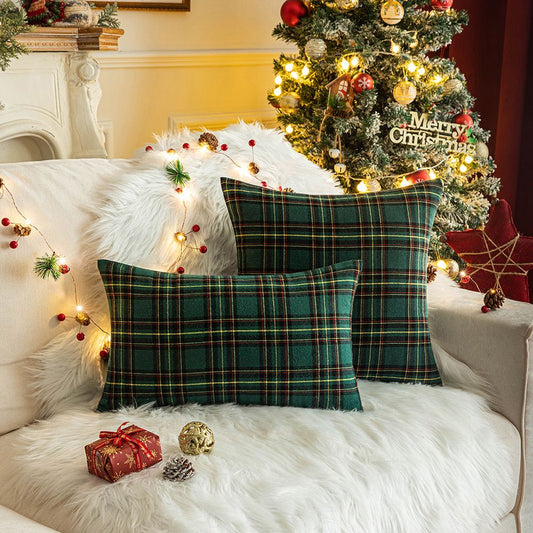 Home Christmas Decor Plaid Cushion Covers Red Checkered Polyester Cotton Xmas Ornament Snowflake Throw Pillowcase Decorative