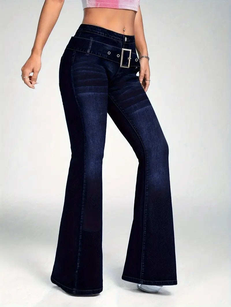 Women's fashionable casual wash dark blue decorative strap buckle stretch slim fit slim flared jeans