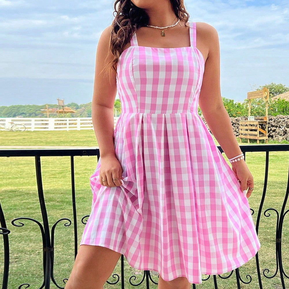 Plus Size Spring/Summer New Arrival Strapless Backless Dress Full Skirt Hem Holiday Beachwear Pink Checkered Dress