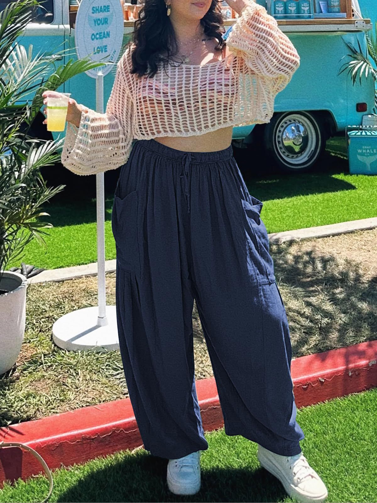 Women's Stretched-waist Pleated High-waisted Wide-leg Trousers Spring Autumn Fashion Cotton Linen Pocket Casual Trousers Woman